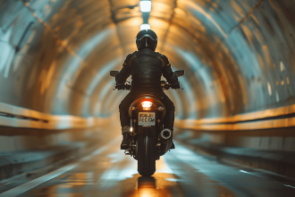 Motard préparant sa moto avant de traverser le tunnel sous la Manche