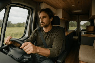 un homme conduisant un camion aménagé
