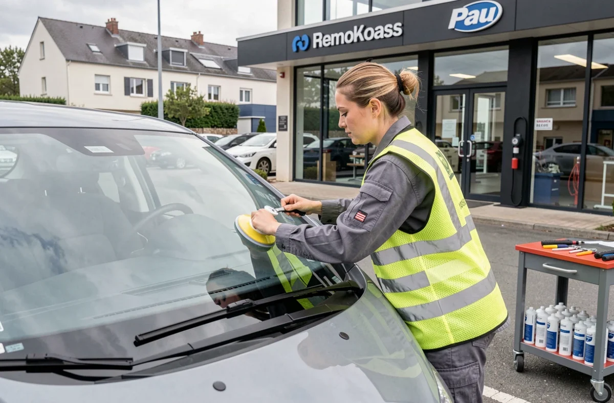 Technicienne d'A+Glass Pau en train de poser un pare-brise neuf sur une voiture dans l'atelier de Pau