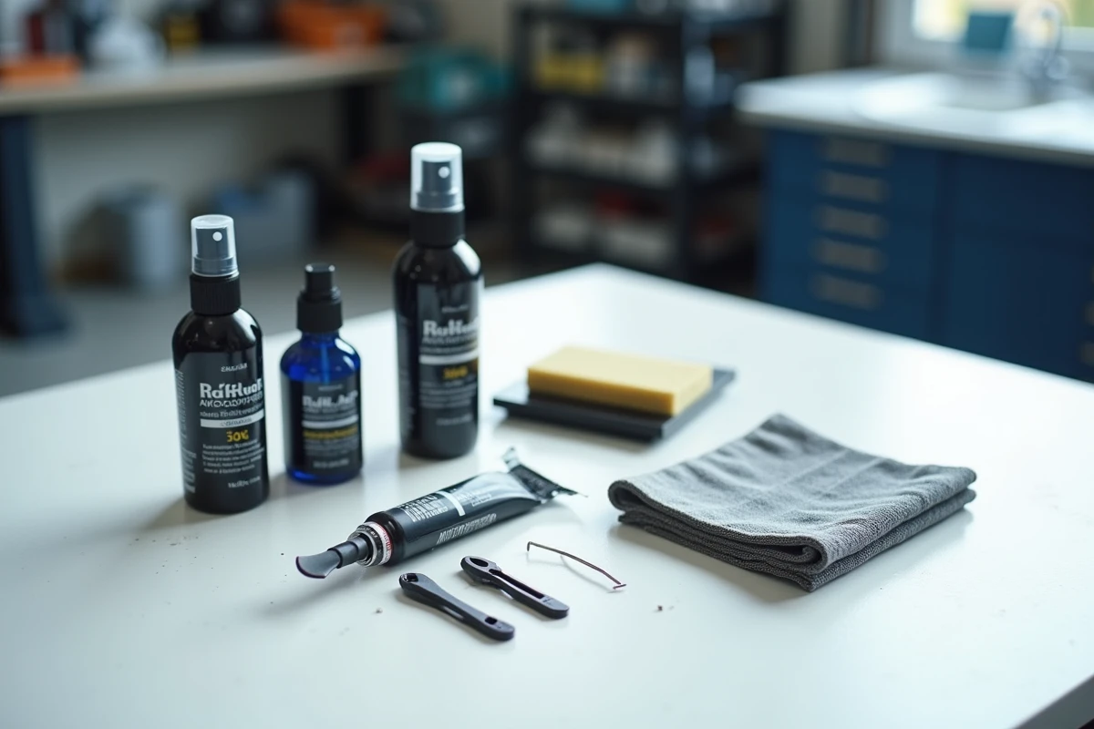 Présentation à plat des accessoires d'entretien de vitrage automobile sur un établi d'atelier professionnel