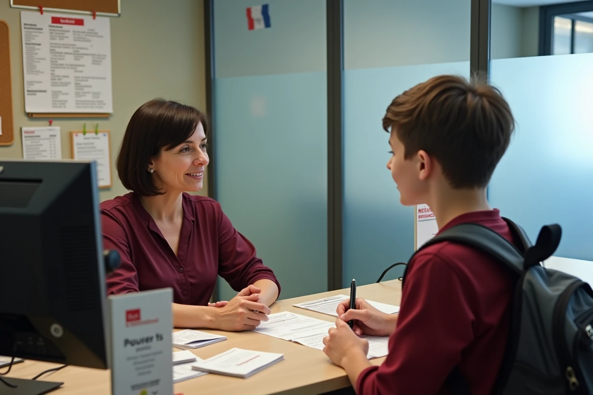 Accueil d'une auto-école avec affichage des tarifs, élève en train de s'inscrire pour des heures de conduite