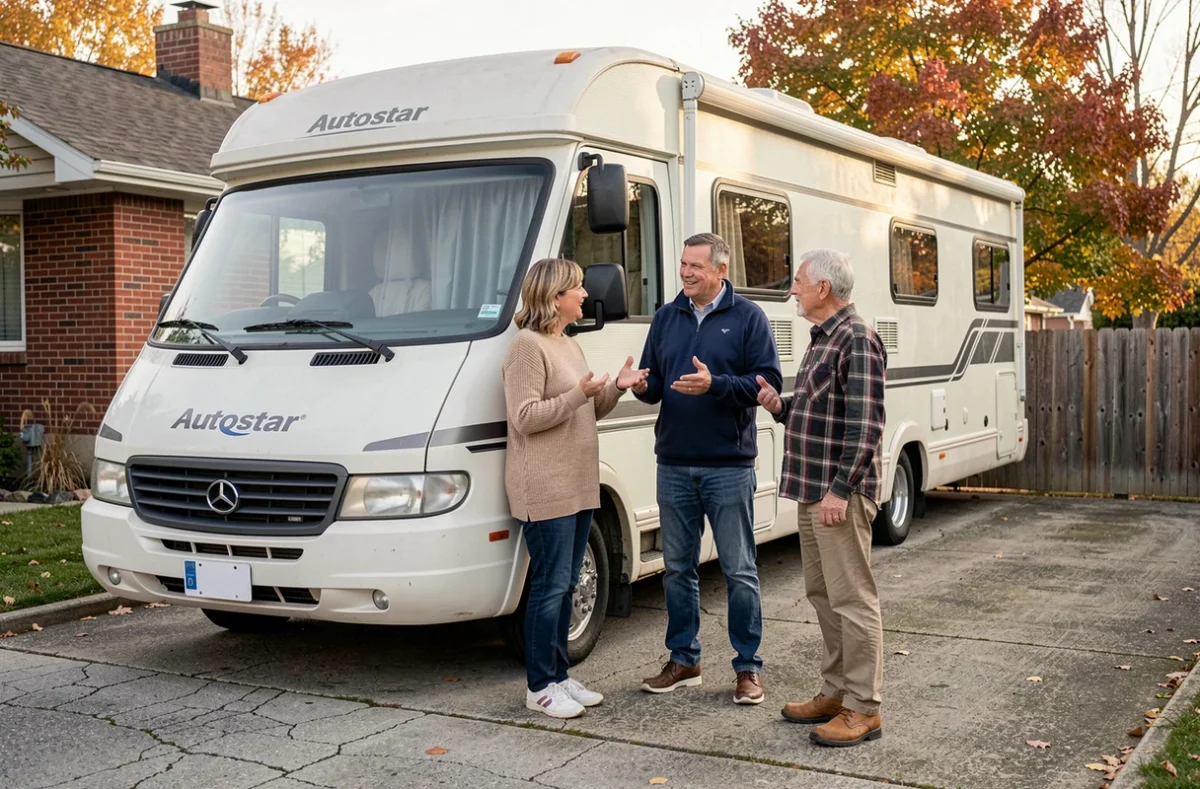 Couple visitant un camping-car Autostar occasion proposé par un particulier sur une allée résidentielle
