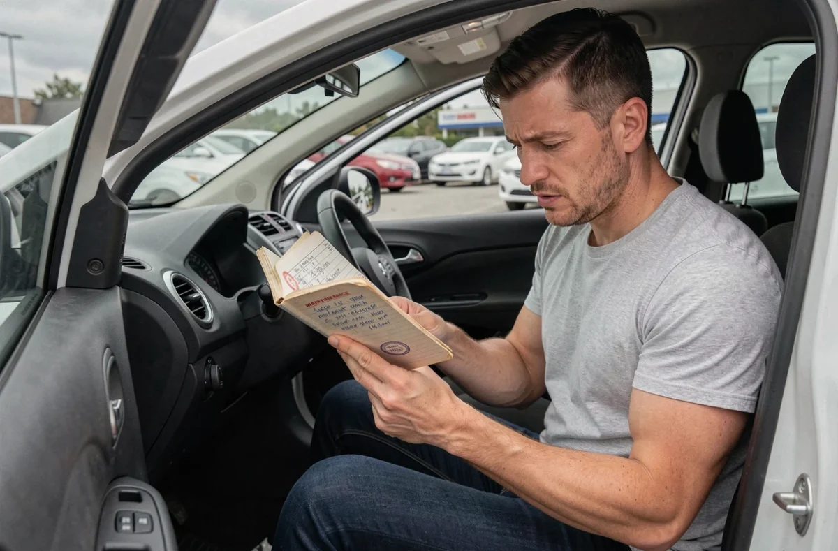 Acheteur potentiel inspectant le carnet d'entretien d'une 208 d'occasion avec une expression inquiète