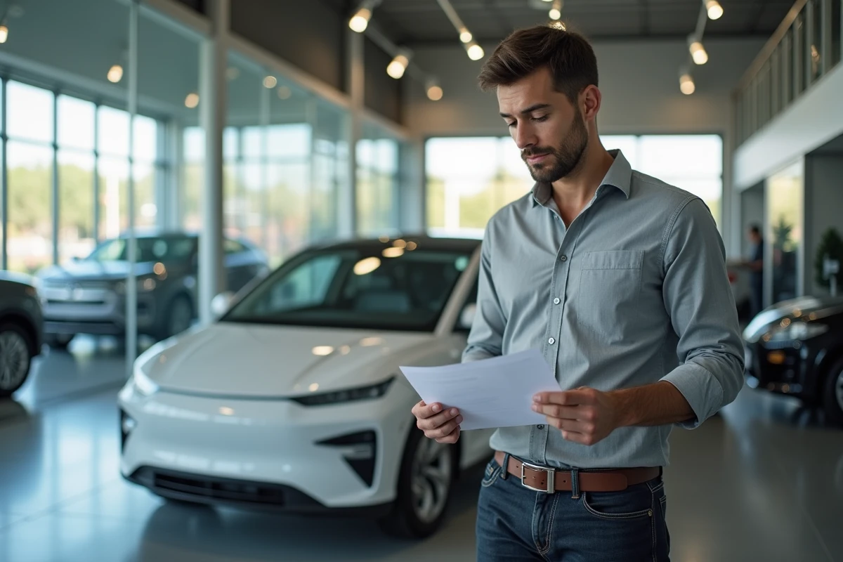 Un homme consultant la fiche technique d'un véhicule électrique 100 kW dans une concession automobile