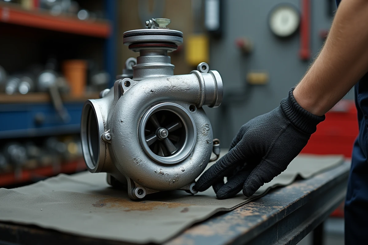 Actionneur de turbocompresseur Peugeot encrassé lié au code défaut P2563 posé sur établi
