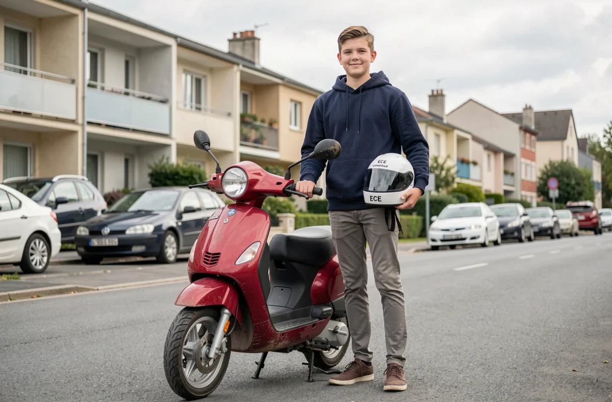 Adolescent tenant son casque à côté d'un scooter 50cc rouge dans une banlieue résidentielle française