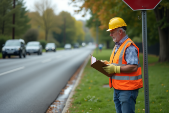 Agent municipal inspectant un panneau de signalisation