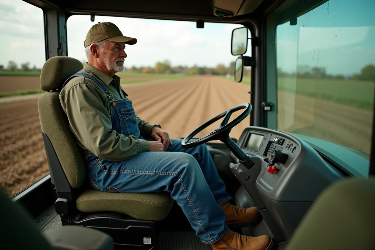Agriculteur assis sur un siège de tracteur premium à tissu vert avec support lombaire réglable lors d'une session de labour en champ