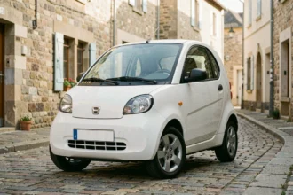 Aixam électrique blanche garée dans une rue de village français, voiture sans permis compacte et moderne