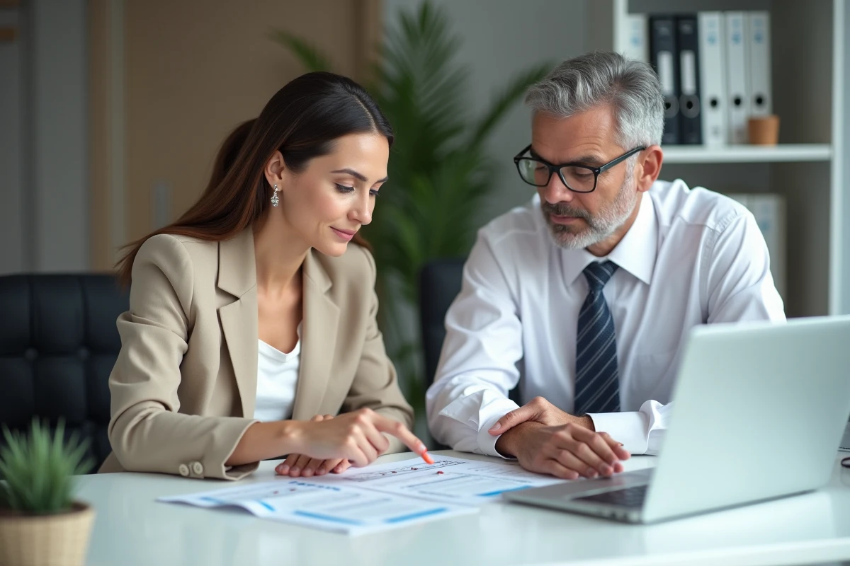 Cliente et conseiller en assurance auto analysant un rapport de contrôle technique dans une agence d'assurance moderne
