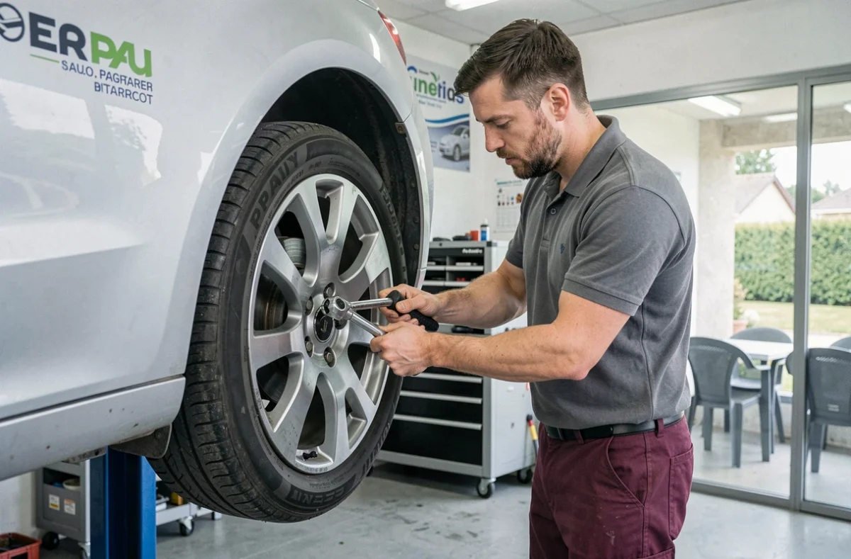 Technicien de l'Atelier Auto près de Pau en train de fixer une roue sur une voiture surélevée sur un pont
