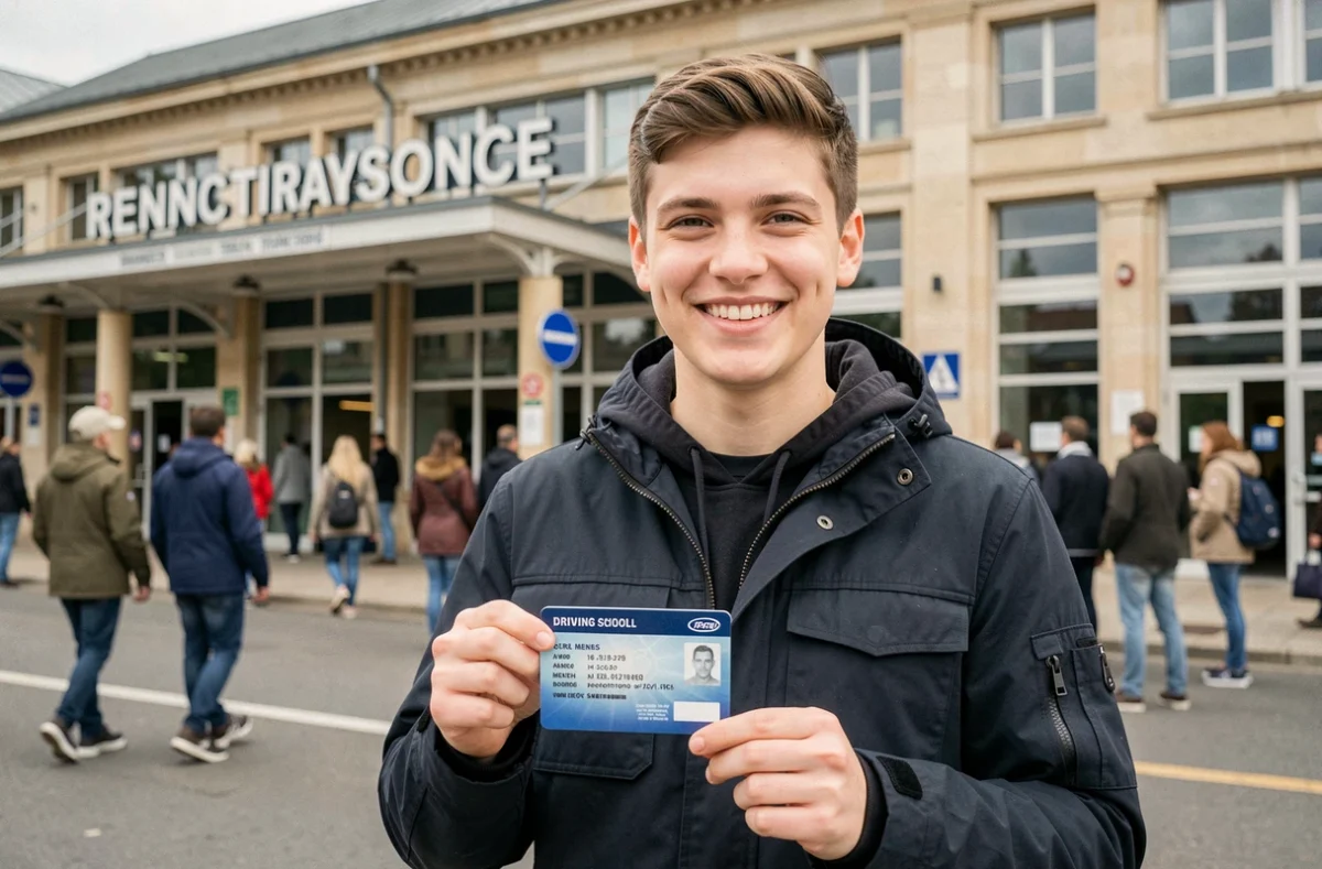 Un nouveau conducteur souriant tenant son permis de conduire devant l'auto-école de la Gare à Rennes