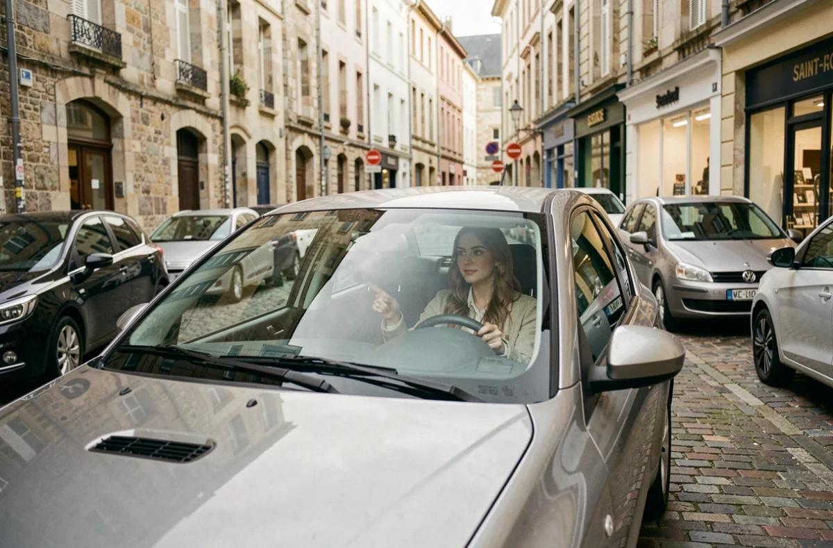 Une élève de l'auto-école Saint-Hélier effectuant un créneau dans une rue pavée du quartier à Rennes