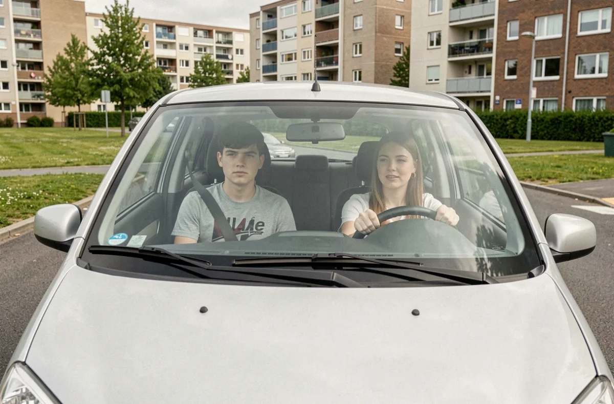 Un élève de l'auto-école Villejean au volant dans le quartier Villejean de Rennes accompagné d'un moniteur