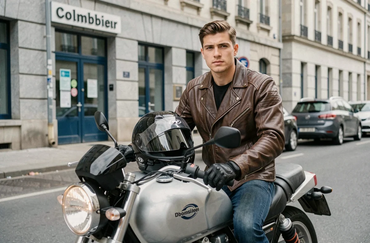 Un élève de l'Auto Moto École du Colombier assis sur une moto en tenue de protection à Rennes