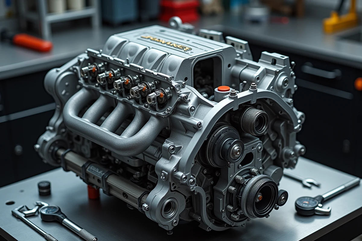 Gros plan sur le bloc moteur V8 préparé d'un Porsche Cayenne S avec pièces de performance aftermarket visibles