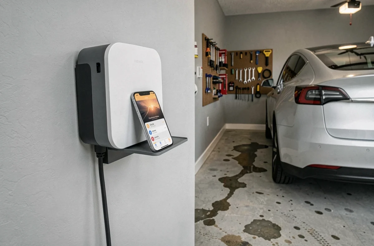 Borne de recharge murale domestique dans un garage avec smartphone affichant une estimation de charge