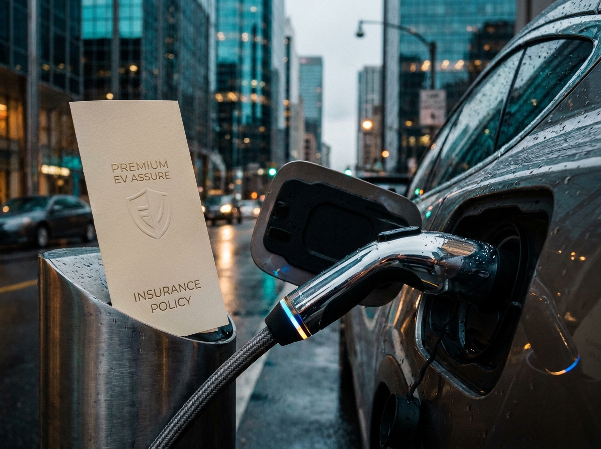 Gros plan sur la prise de recharge d'une voiture électrique haut de gamme avec une brochure d'assurance posée contre la borne, rue urbaine en arrière-plan