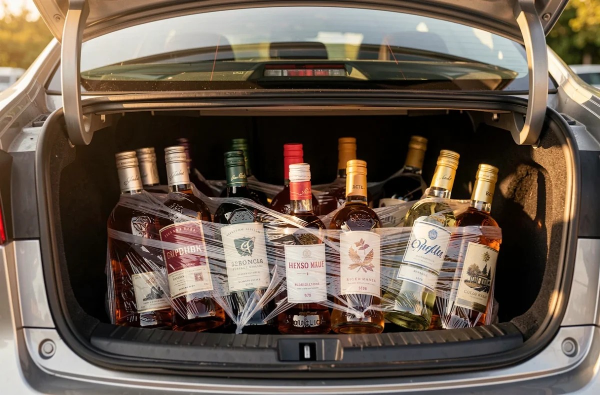 Bouteilles de spiritueux calées dans le coffre d'une voiture