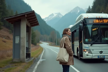 Femme descendant d'un bus régional à un arrêt rural sur la Route de Thonon, entourée de forêts alpines