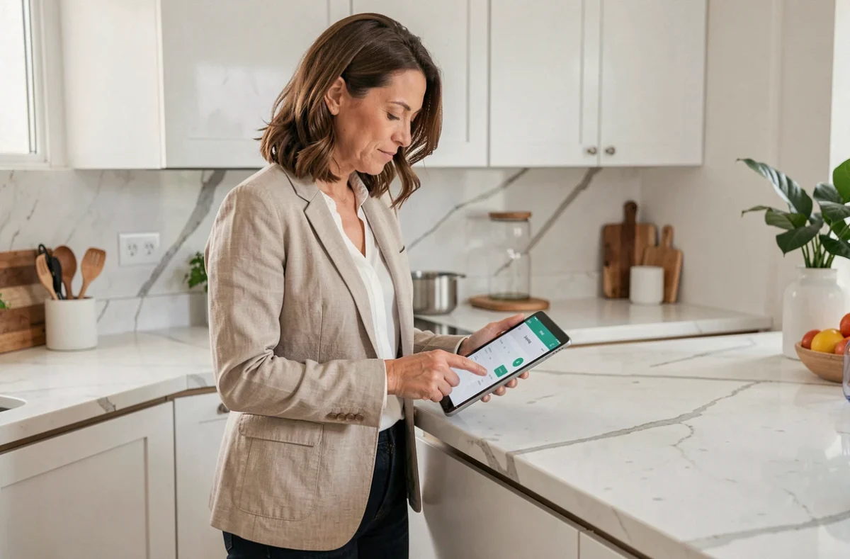 Femme consultant un calculateur de charge électrique sur tablette dans une cuisine moderne