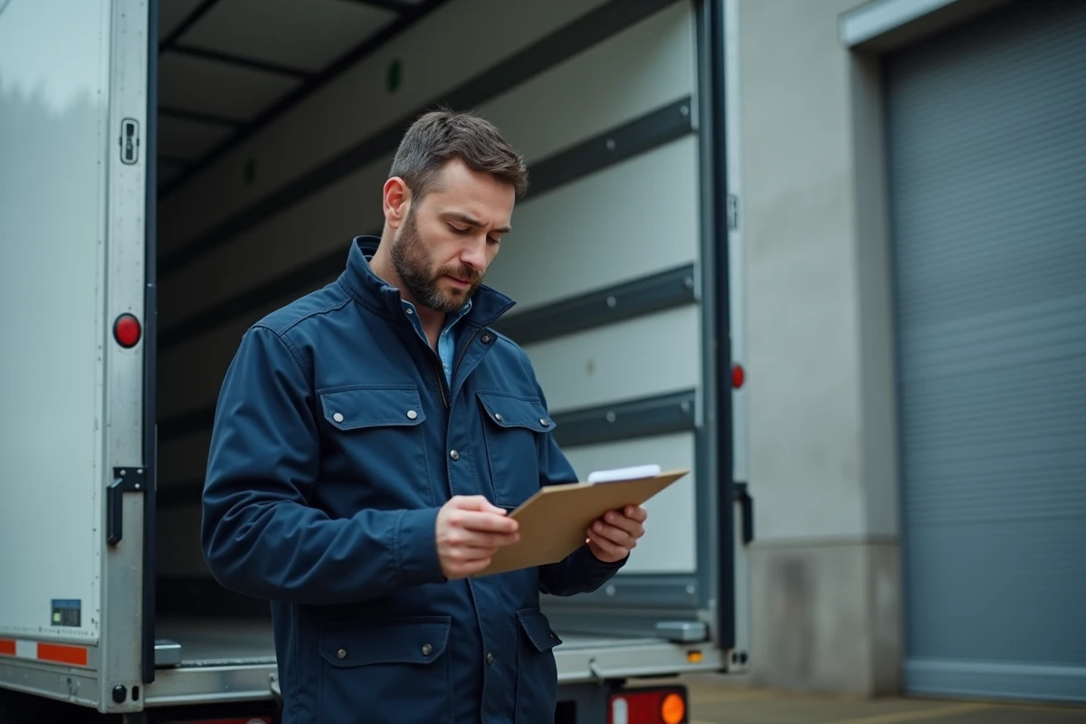 Professionnel de la logistique vérifiant la cargaison d'un camion réfrigéré à quai de chargement