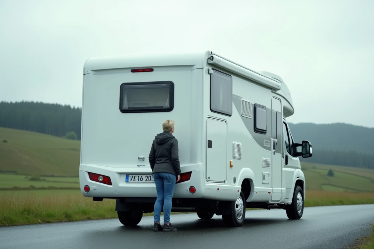 Camping-car poids lourd garé sur une aire de service en France, femme évaluant le gabarit du véhicule