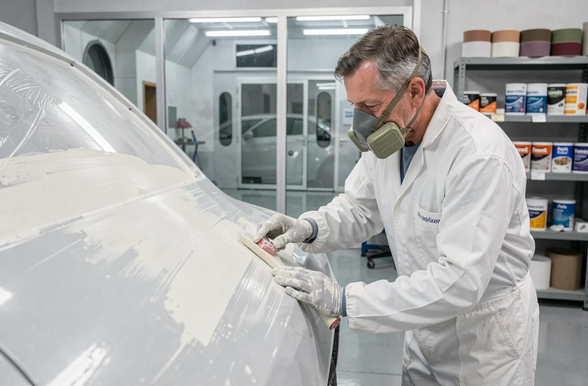 Carrossier spécialisé de la Carrosserie Dufour à Billère appliquant un enduit sur une carrosserie endommagée