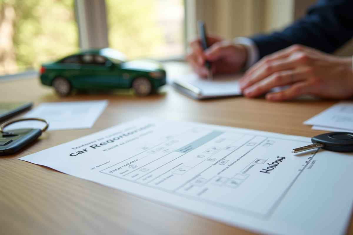 Carte grise avec clés de voiture et modèle réduit sur table