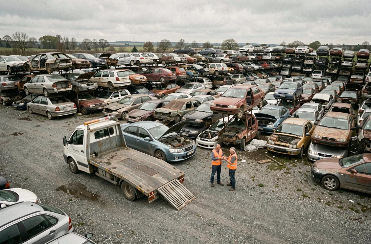 Vue panoramique d'une casse automobile avec camion d'enlèvement de véhicule à Sélestat