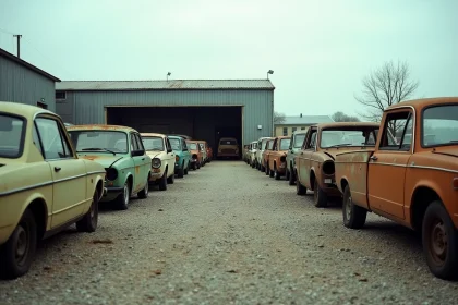 Vue extérieure d'une casse automobile agréée dans le 44 avec rangées de véhicules hors d'usage sur terrain gravillonné