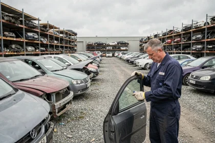 Casse automobile Lille Marin avec mécanicien inspectant des pièces détachées dans un parc de véhicules hors d'usage