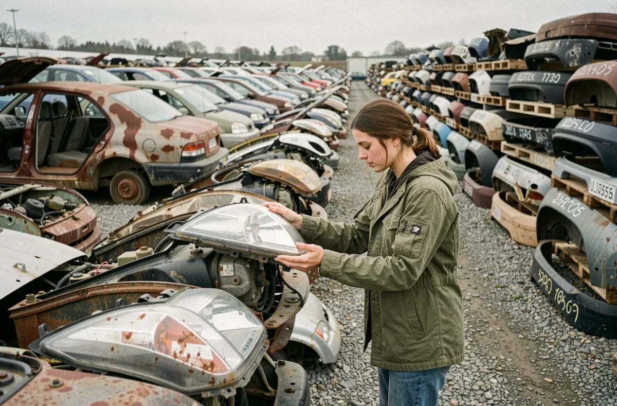 Femme cherchant des pièces auto usagées dans une casse automobile écologique en libre-service