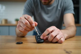 Homme remplaçant la pile de la clé Renault Clio 4 à la maison sur une table en bois