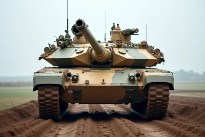 Char Challenger 2 de l'armée britannique vu de trois quarts avant sur un terrain d'entraînement boueux, avec blindage Chobham et canon rayé de 120 mm