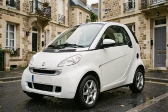 Chatenet d'occasion blanche garée dans une rue résidentielle française, vue 3/4 avant