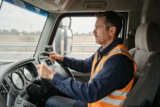 Chauffeur professionnel en cabine de camion poids lourd tenant le volant, illustrant le permis C pour la conduite de véhicules lourds
