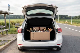 Coffre de voiture ouvert avec des bouteilles de spiritueux dans un carton