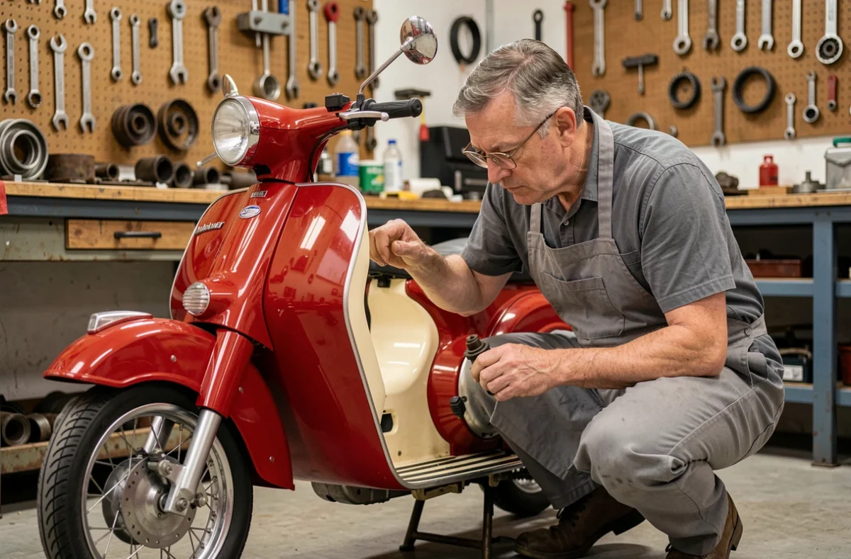 Collectionneur inspectant une Mobylette AV89 restaurée dans un atelier de motos vintage bien équipé