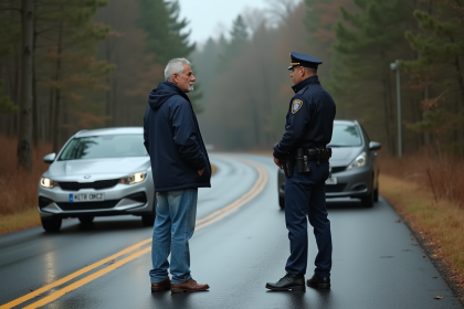 Homme pensif à côté d'une collision rurale avec un policier