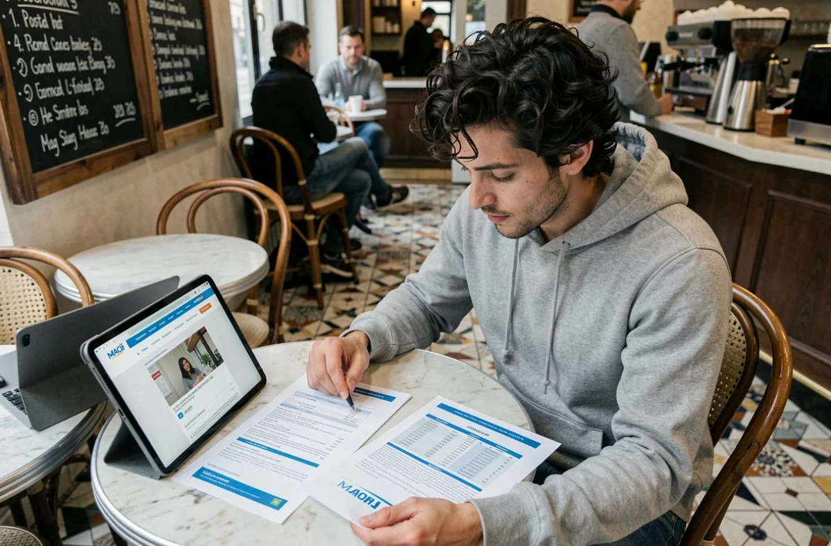 Jeune homme comparant des devis d'assurance auto imprimés et une simulation en ligne dans un café parisien