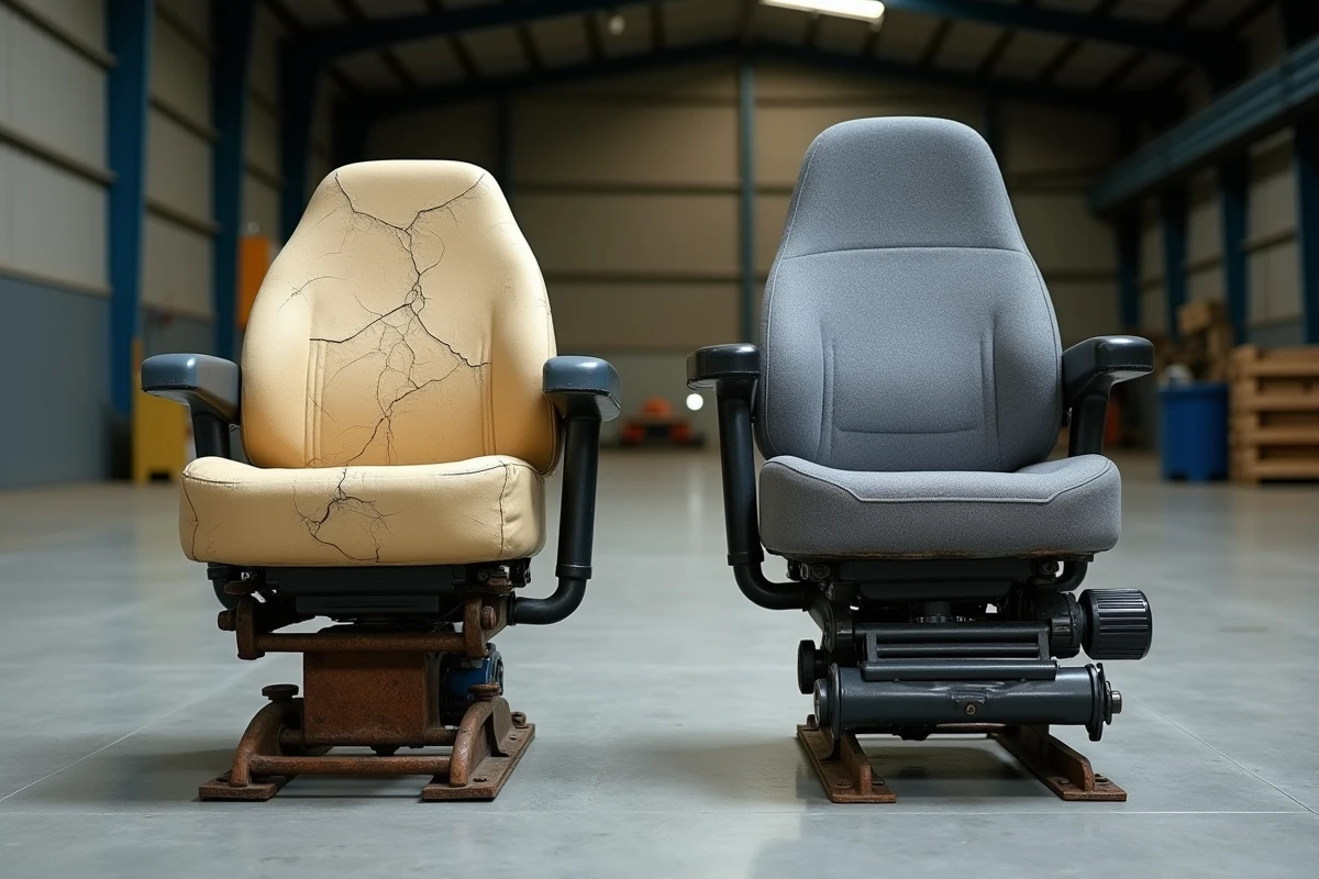 Comparaison entre un ancien siège de tracteur usé et un modèle moderne en tissu gris avec suspension pneumatique et appuie-tête intégré