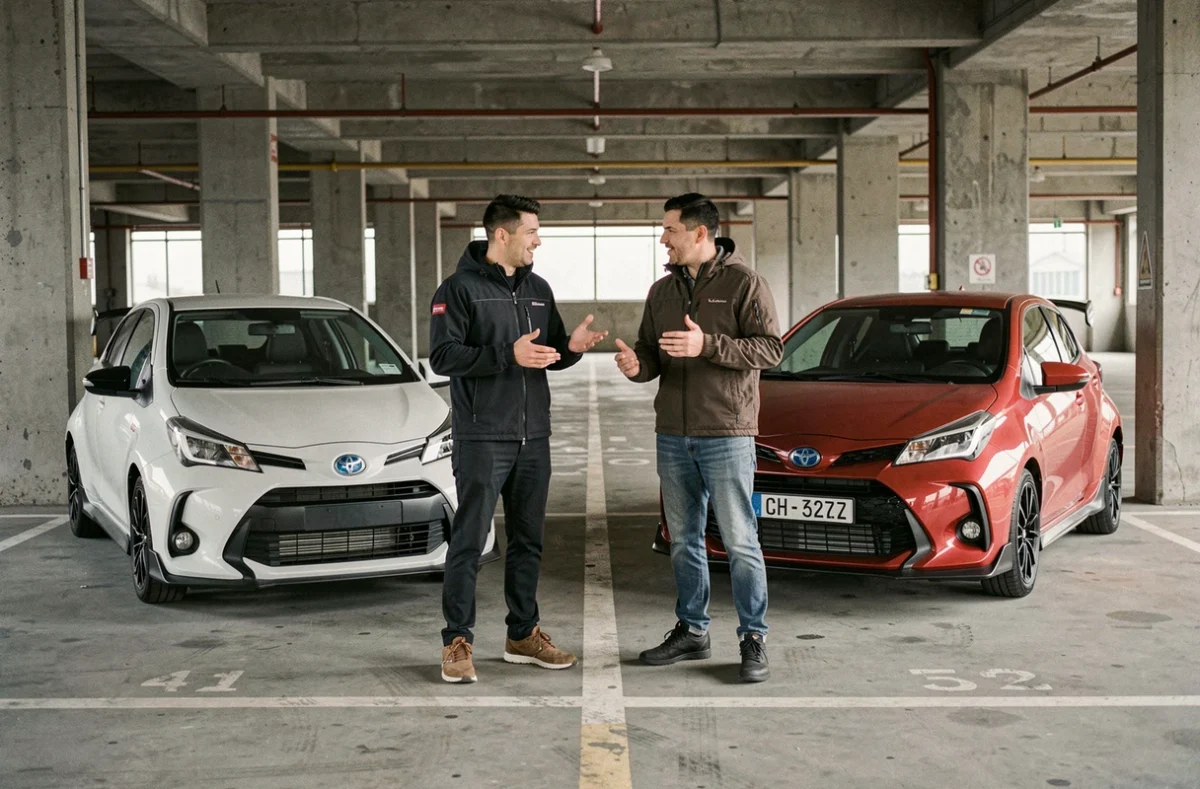 Deux conducteurs comparant la Toyota Yaris Sport et la GR Yaris dans un parking urbain en béton, discussion animée entre les deux véhicules