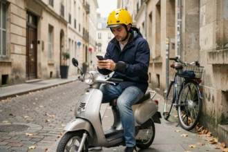 Jeune homme comparant son assurance scooter 50cc sur smartphone en ville