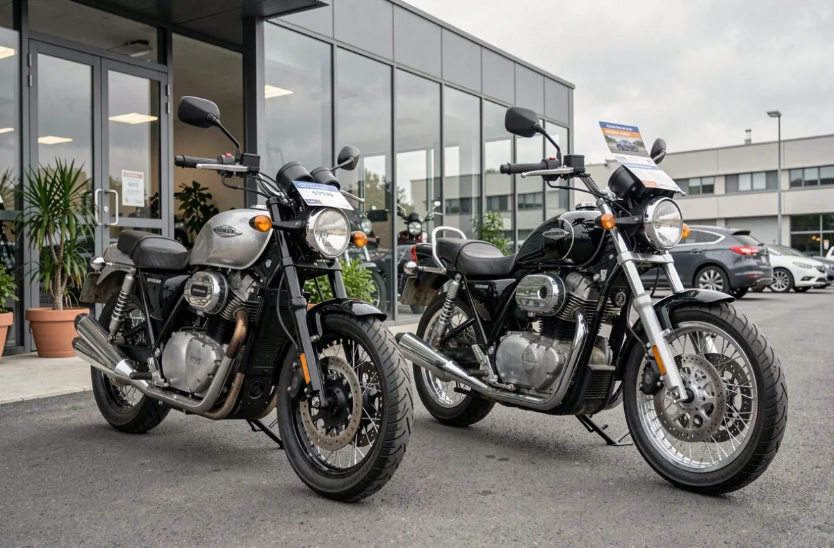 Deux motos côte à côte dans un parking de concession avec des brochures d'assurance, illustrant la comparaison d'offres