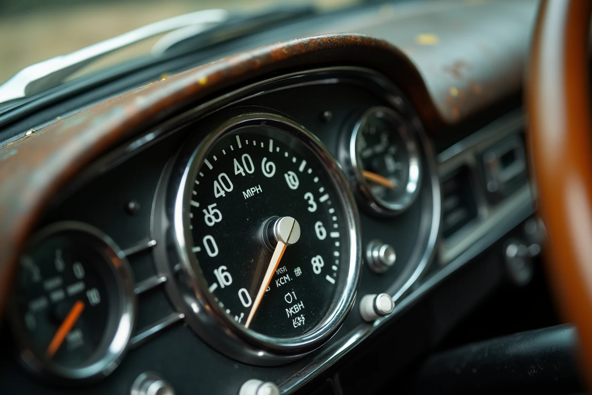 Compteur de vitesse automobile analogique vintage affichant simultanément les miles par heure et les kilomètres par heure sur un tableau de bord classique