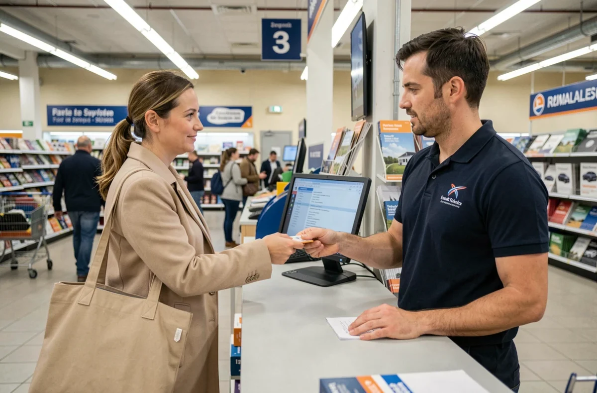 Femme présentant son permis de conduire au comptoir de location de voiture d'un supermarché Leclerc