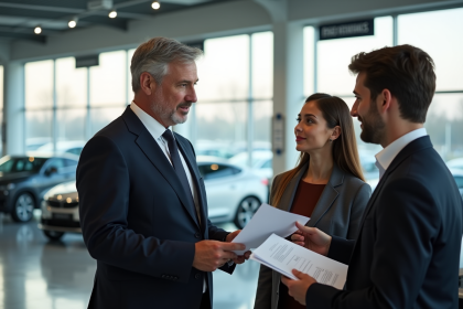 Vendeur automobile discutant avec un couple dans une concession