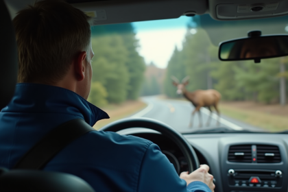 Homme au volant évitant un cerf sur la route en forêt