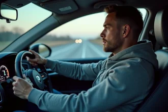 Conducteur regardant un tableau de bord affichant la vitesse en mph et km/h sur une autoroute